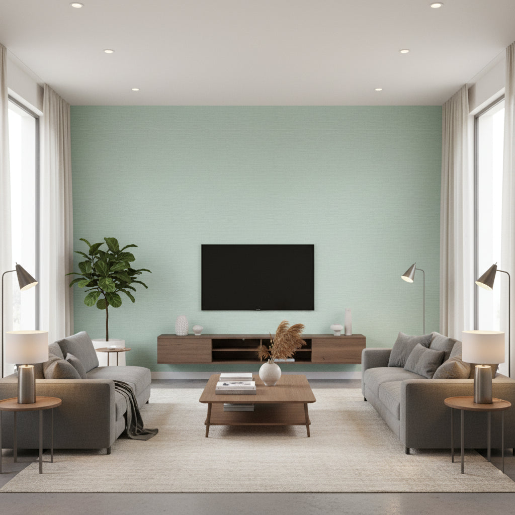 Shang Extra Fine Sisal Aqua | Thibaut Wallcoverings - Living Room Visualization (AI-generated, may not be to scale. Verify pattern scale with product specifications.)