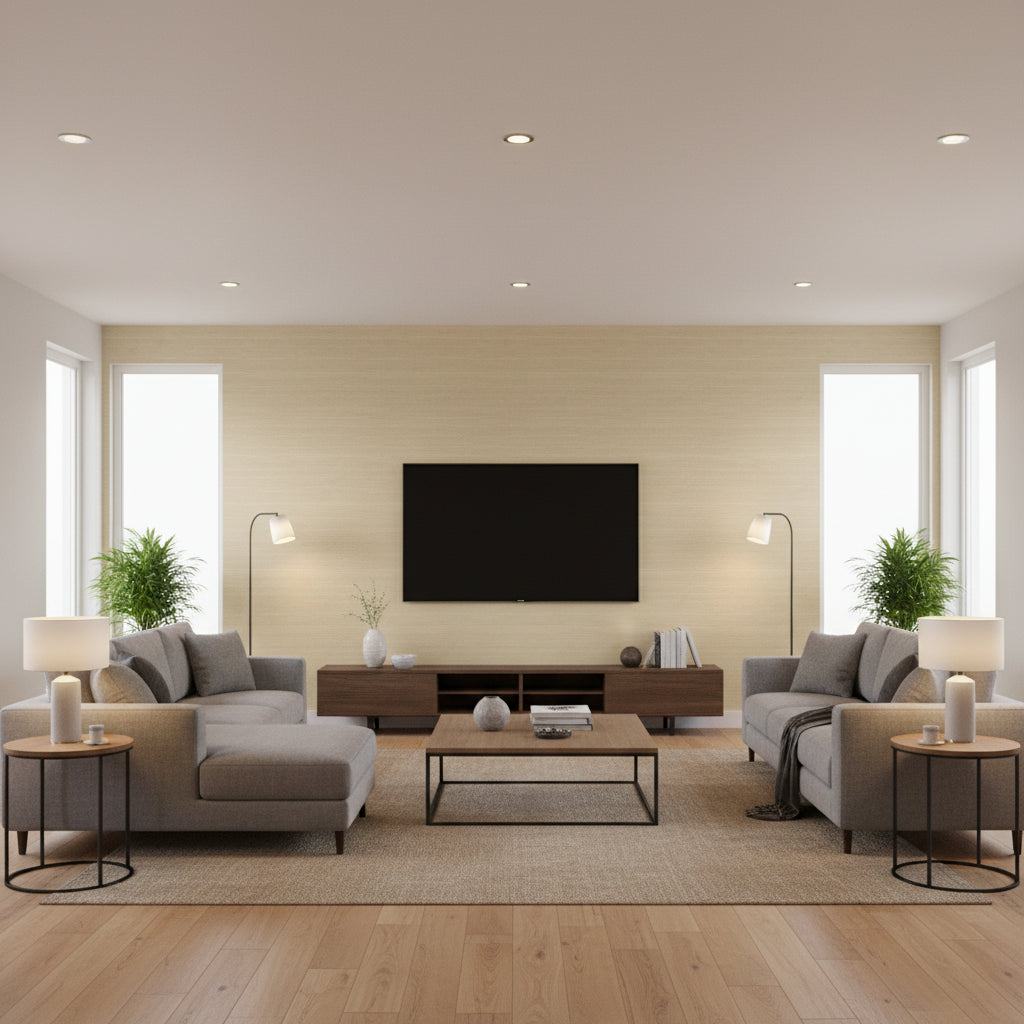 Shang Extra Fine Sisal Parchment | Thibaut Wallcoverings - Living Room Visualization (AI-generated, may not be to scale. Verify pattern scale with product specifications.)