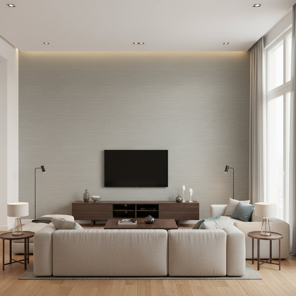 Shang Extra Fine Sisal Grey | Thibaut Wallcoverings - Living Room Visualization (AI-generated, may not be to scale. Verify pattern scale with product specifications.)