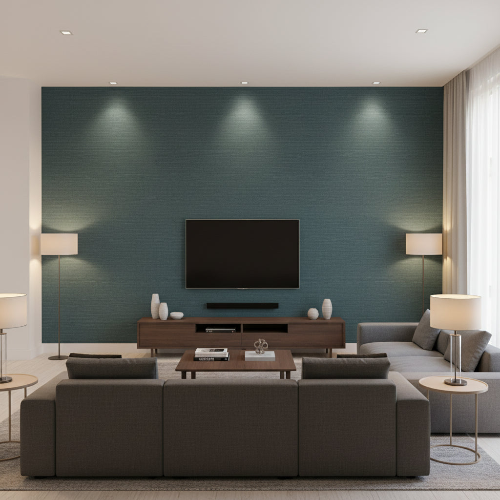 Shang Extra Fine Sisal Peacock | Thibaut Wallcoverings - Living Room Visualization (AI-generated, may not be to scale. Verify pattern scale with product specifications.)