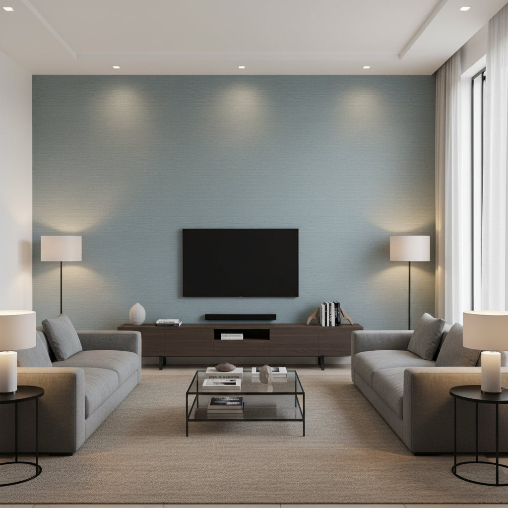 Shang Extra Fine Sisal Winter Sea | Thibaut Wallcoverings - Living Room Visualization (AI-generated, may not be to scale. Verify pattern scale with product specifications.)