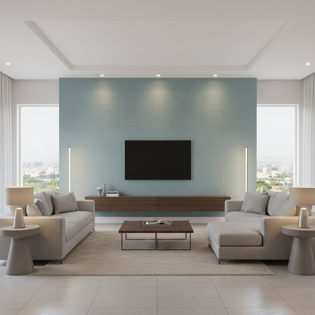 Shang Extra Fine Sisal Winter Sea | Thibaut Wallcoverings - Living Room Visualization (AI-generated, may not be to scale. Verify pattern scale with product specifications.)