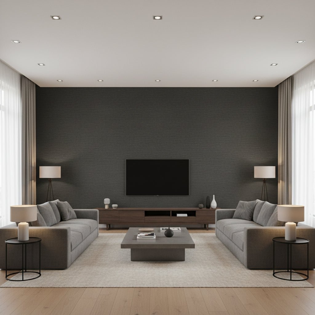 Shang Extra Fine Sisal Ebony | Thibaut Wallcoverings - Living Room Visualization (AI-generated, may not be to scale. Verify pattern scale with product specifications.)