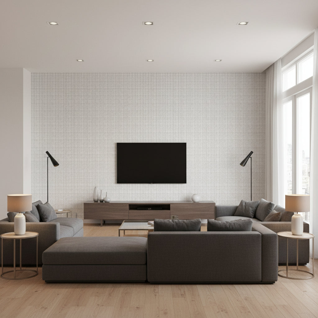 Coastline Grey | Thibaut Wallcoverings - Living Room Visualization (AI-generated, may not be to scale. Verify pattern scale with product specifications.)