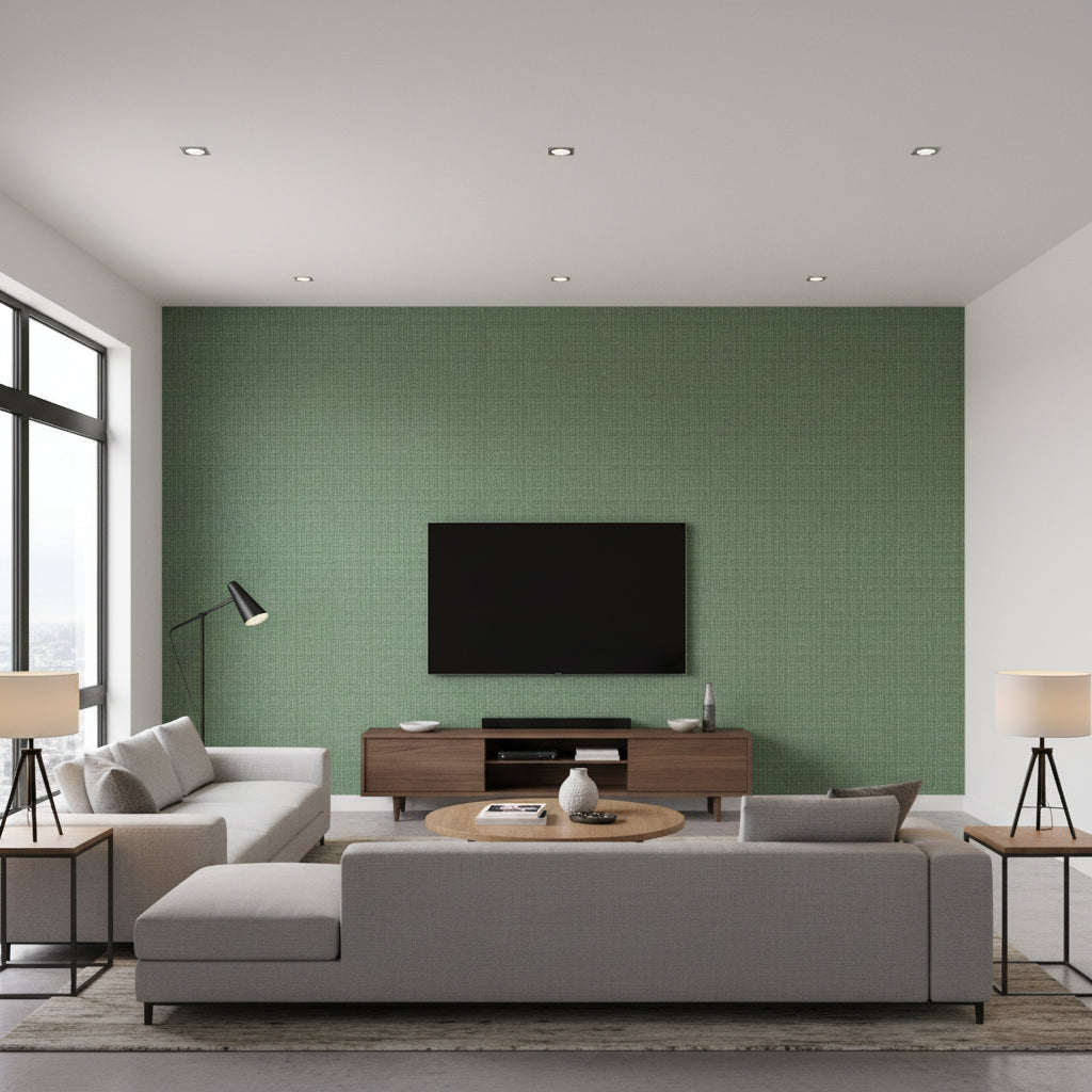 Coastline Spruce | Thibaut Wallcoverings - Living Room Visualization (AI-generated, may not be to scale. Verify pattern scale with product specifications.)