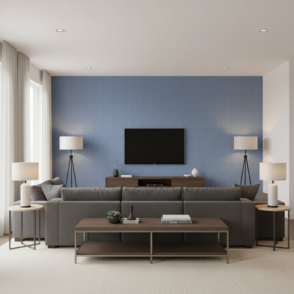 Coastline Blue | Thibaut Wallcoverings - Living Room Visualization (AI-generated, may not be to scale. Verify pattern scale with product specifications.)
