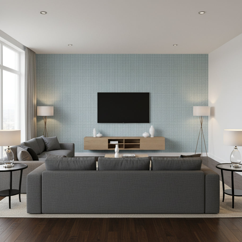 Coastline Mineral | Thibaut Wallcoverings - Living Room Visualization (AI-generated, may not be to scale. Verify pattern scale with product specifications.)