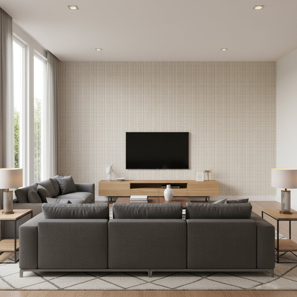 Coastline Tan | Thibaut Wallcoverings - Living Room Visualization (AI-generated, may not be to scale. Verify pattern scale with product specifications.)
