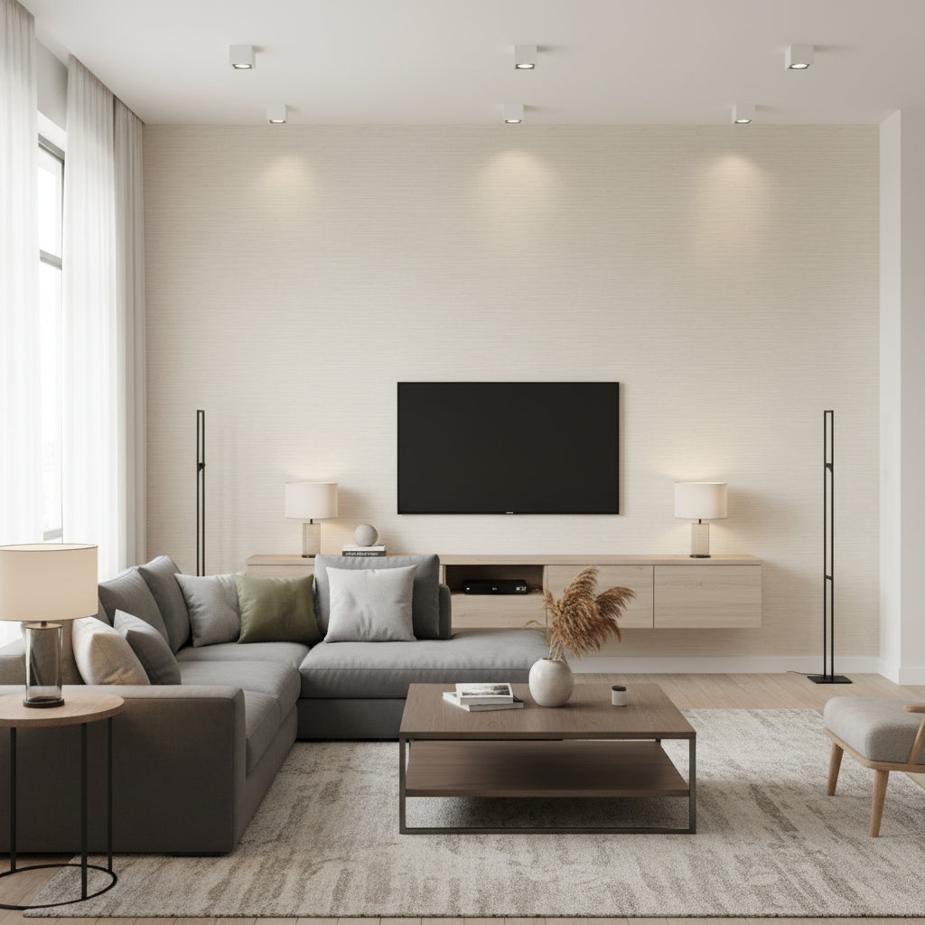 Heather Sisal Beige | Thibaut Wallcoverings - Living Room Visualization (AI-generated, may not be to scale. Verify pattern scale with product specifications.)