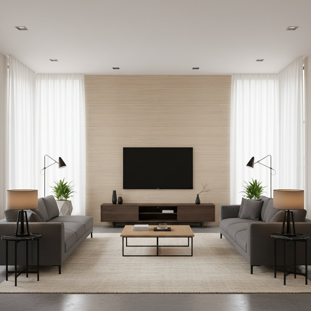 Heather Sisal Brown | Thibaut Wallcoverings - Living Room Visualization (AI-generated, may not be to scale. Verify pattern scale with product specifications.)
