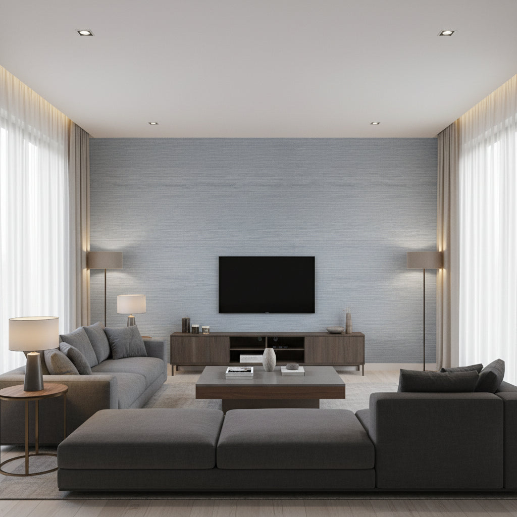 Heather Sisal Navy | Thibaut Wallcoverings - Living Room Visualization (AI-generated, may not be to scale. Verify pattern scale with product specifications.)