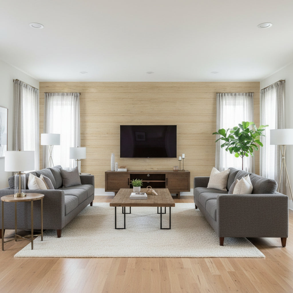 Sydney Light Taupe | Thibaut Wallcoverings - Living Room Visualization (AI-generated, may not be to scale. Verify pattern scale with product specifications.)