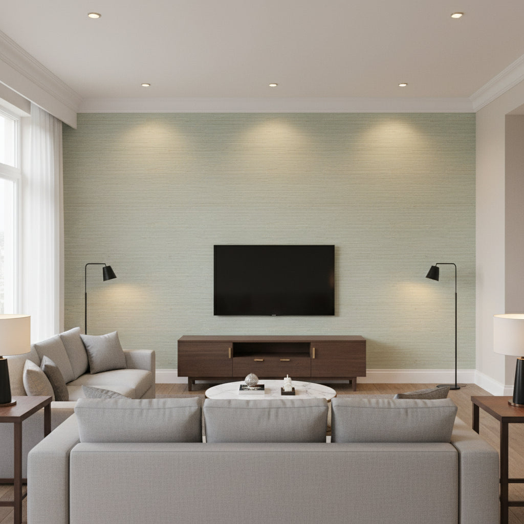 Sydney Light Spruce | Thibaut Wallcoverings - Living Room Visualization (AI-generated, may not be to scale. Verify pattern scale with product specifications.)