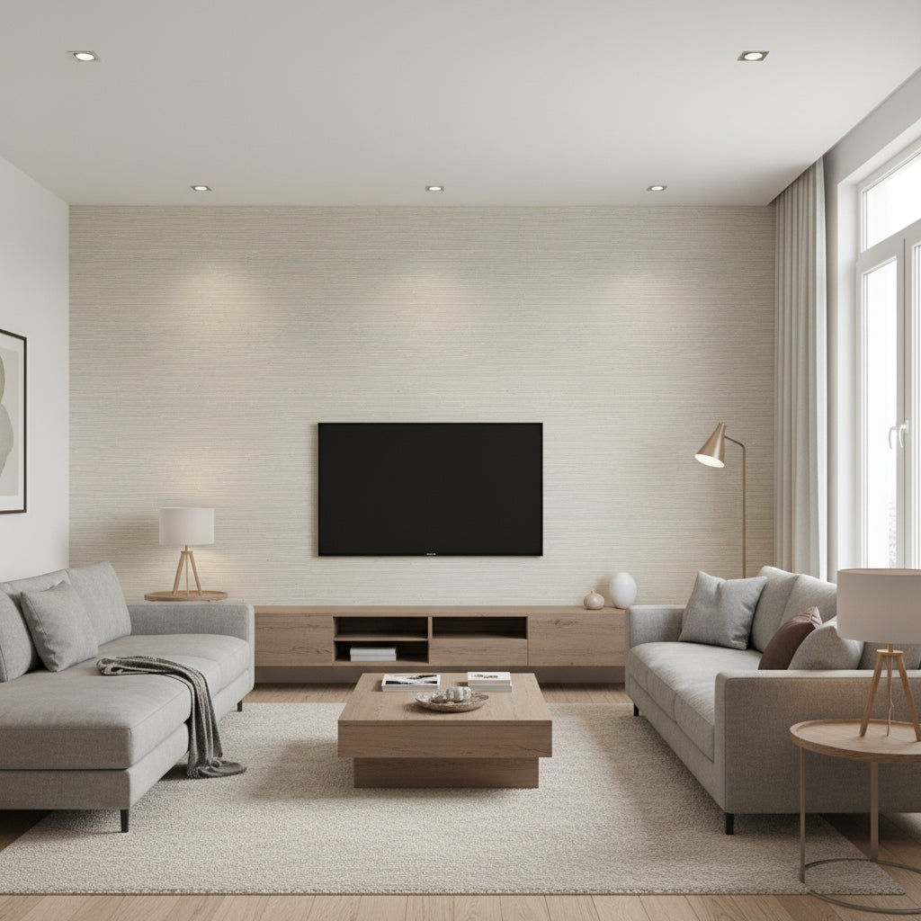 Sydney Coventry Grey | Thibaut Wallcoverings - Living Room Visualization (AI-generated, may not be to scale. Verify pattern scale with product specifications.)