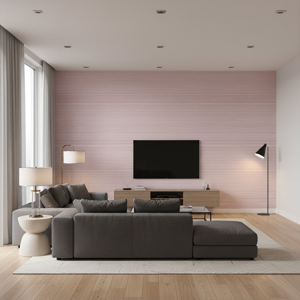 Windward Sisal Eggplant | Thibaut Wallcoverings - Living Room Visualization (AI-generated, may not be to scale. Verify pattern scale with product specifications.)