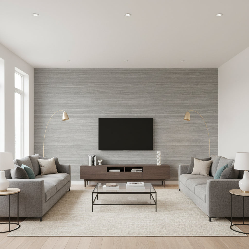 Windward Sisal Steel | Thibaut Wallcoverings - Living Room Visualization (AI-generated, may not be to scale. Verify pattern scale with product specifications.)