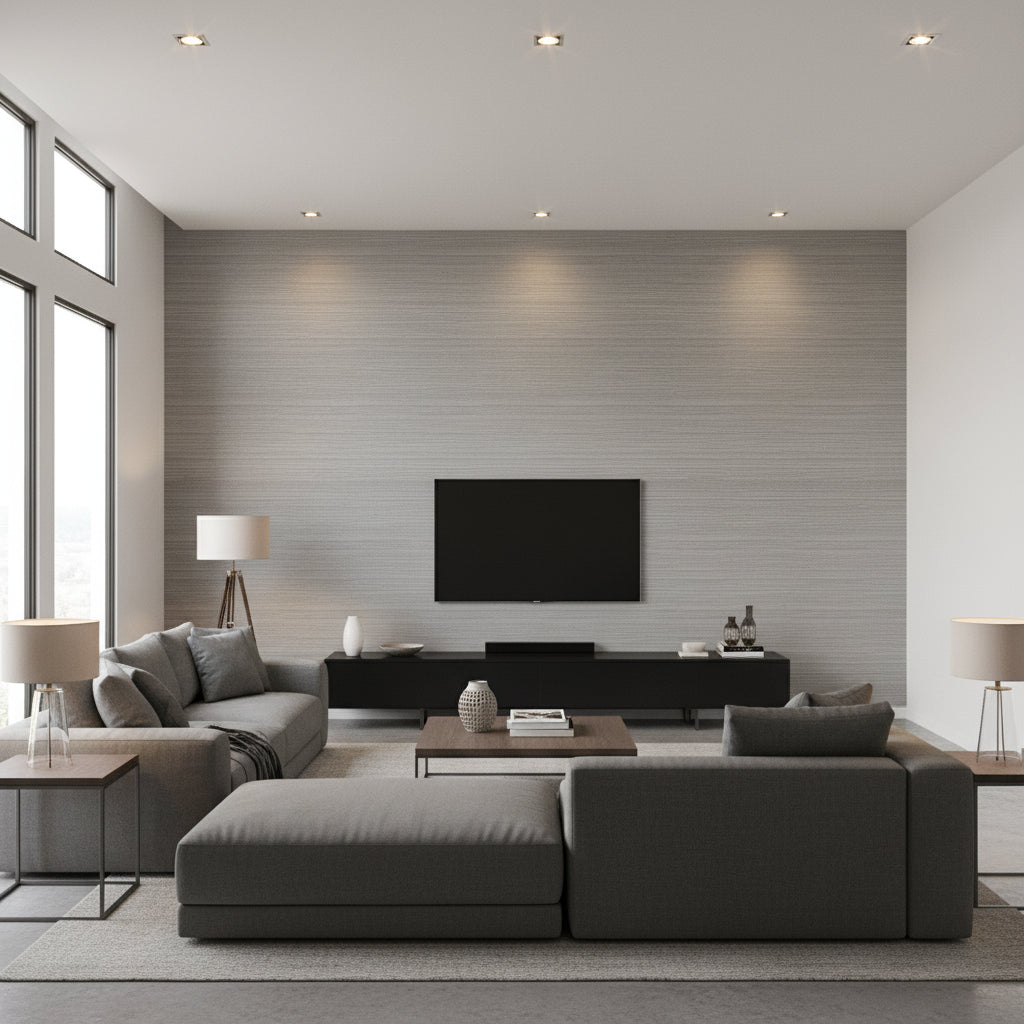 Windward Sisal Steel | Thibaut Wallcoverings - Living Room Visualization (AI-generated, may not be to scale. Verify pattern scale with product specifications.)
