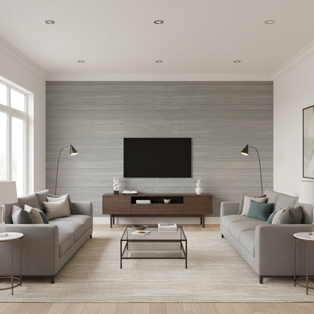 Windward Sisal Steel | Thibaut Wallcoverings - Living Room Visualization (AI-generated, may not be to scale. Verify pattern scale with product specifications.)
