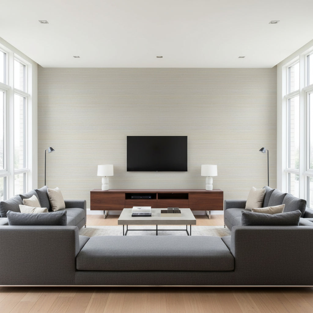 Windward Sisal Blue | Thibaut Wallcoverings - Living Room Visualization (AI-generated, may not be to scale. Verify pattern scale with product specifications.)