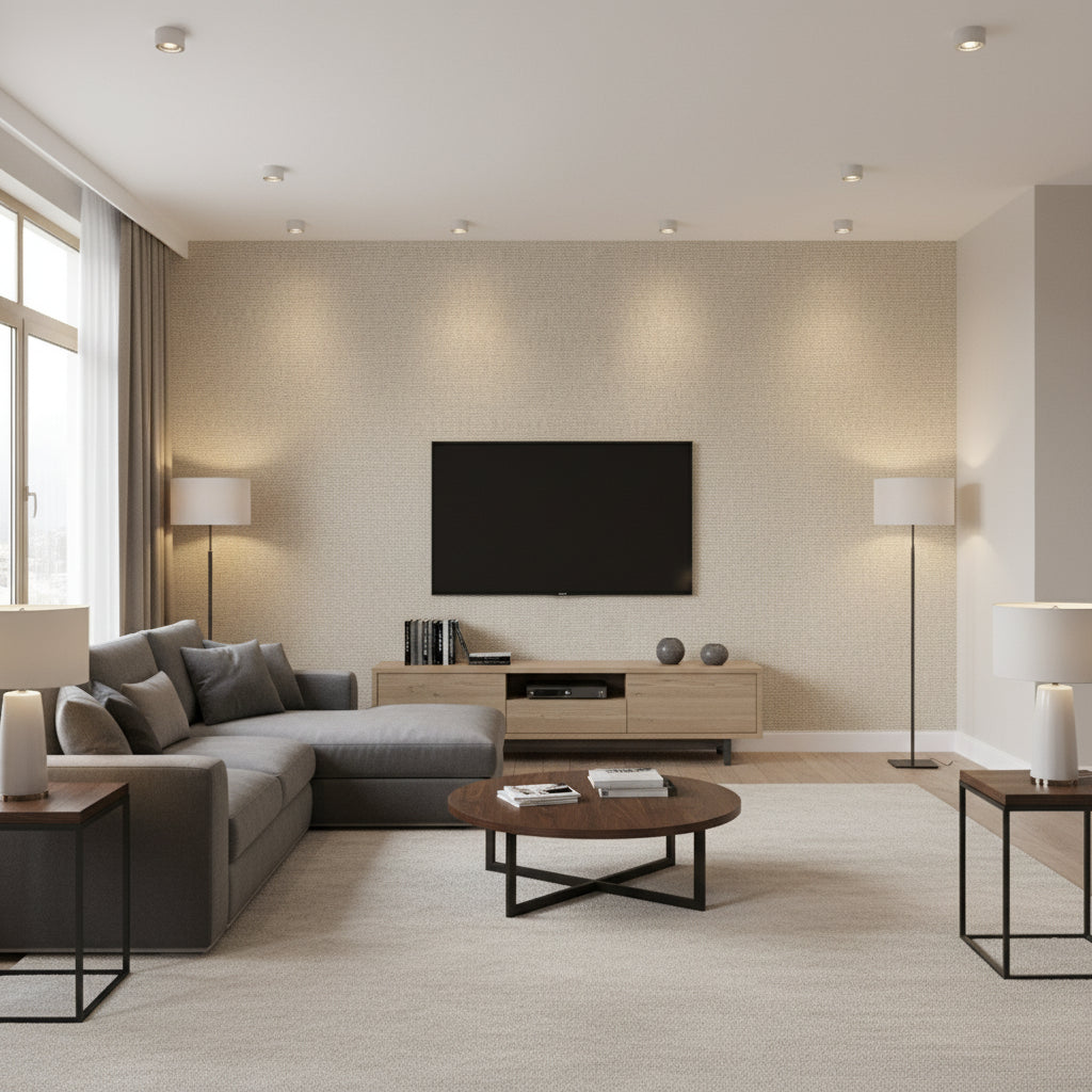 Clarkson Weave Taupe | Thibaut Wallcoverings - Living Room Visualization (AI-generated, may not be to scale. Verify pattern scale with product specifications.)