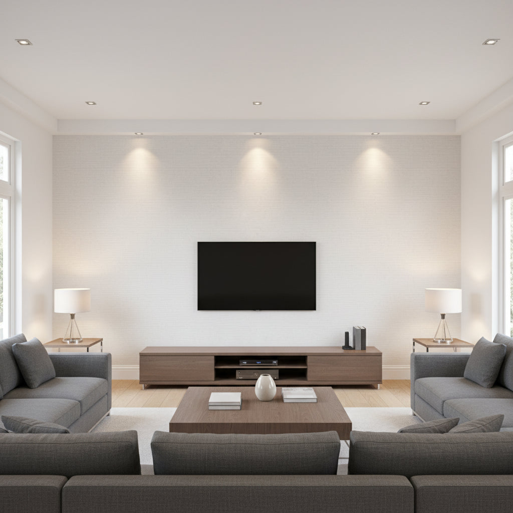 Edward's Paper White | Thibaut Wallcoverings - Living Room Visualization (AI-generated, may not be to scale. Verify pattern scale with product specifications.)