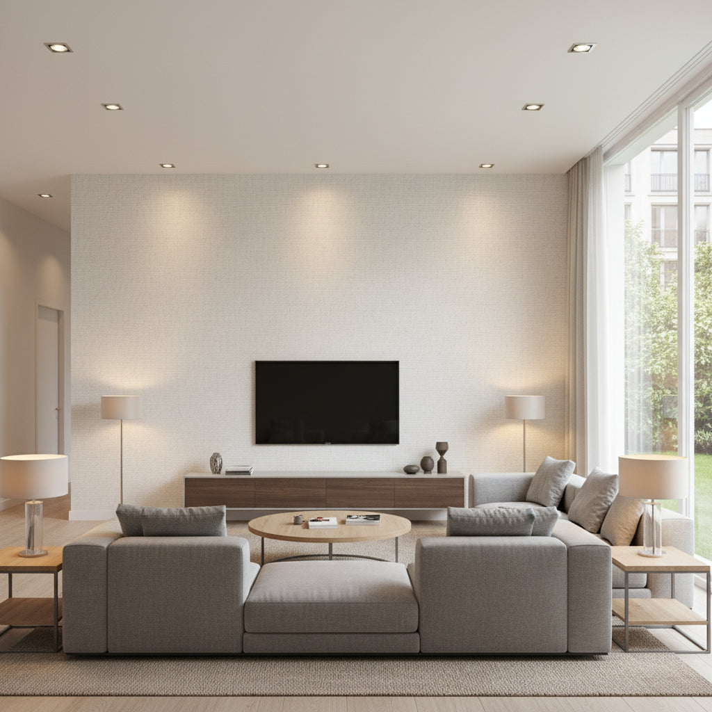 Edward's Paper Seaglass | Thibaut Wallcoverings - Living Room Visualization (AI-generated, may not be to scale. Verify pattern scale with product specifications.)