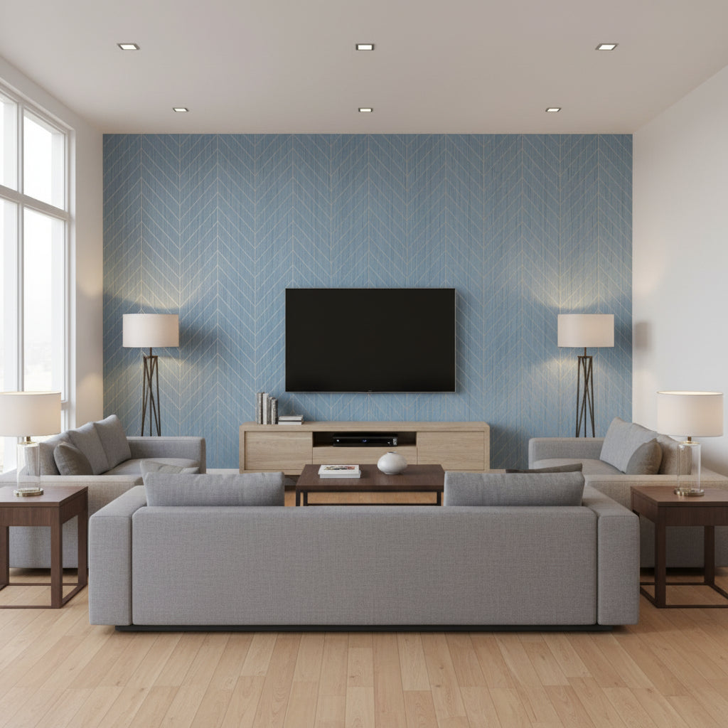 Land Bridge Mineral and Metallic Gold | Thibaut Wallcoverings - Living Room Visualization (AI-generated, may not be to scale. Verify pattern scale with product specifications.)