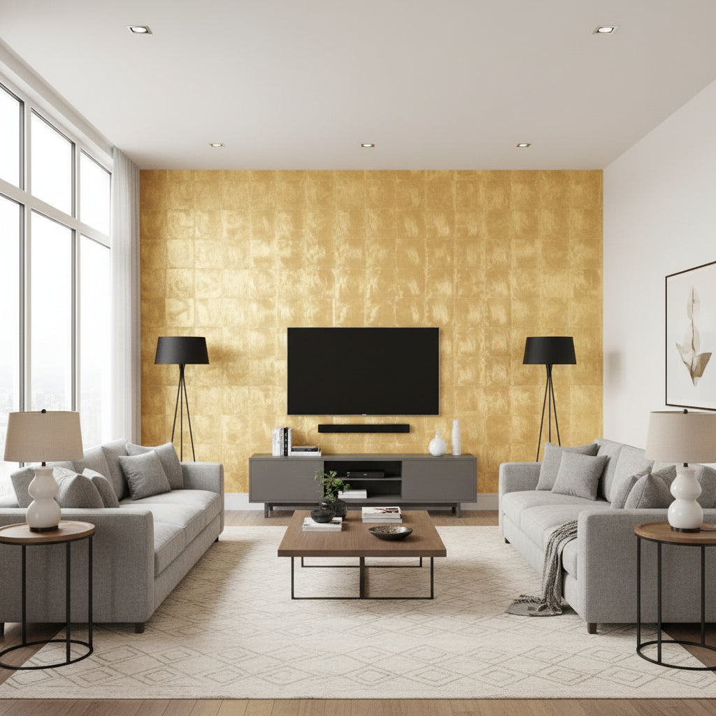 Metal Leaf Metallic Gold | Thibaut Wallcoverings - Living Room Visualization (AI-generated, may not be to scale. Verify pattern scale with product specifications.)