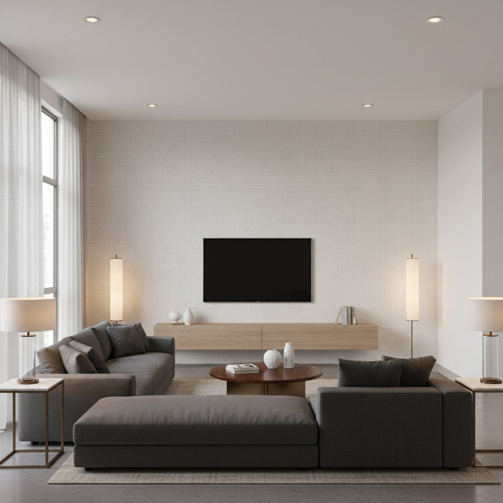 Hinton Tunnel Flax | Thibaut Wallcoverings - Living Room Visualization (AI-generated, may not be to scale. Verify pattern scale with product specifications.)