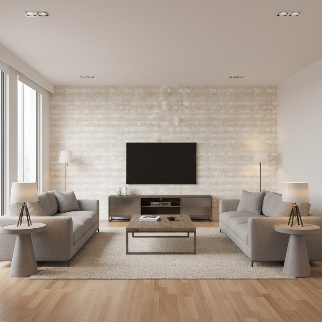 Illusion Natural | Thibaut Wallcoverings - Living Room Visualization (AI-generated, may not be to scale. Verify pattern scale with product specifications.)