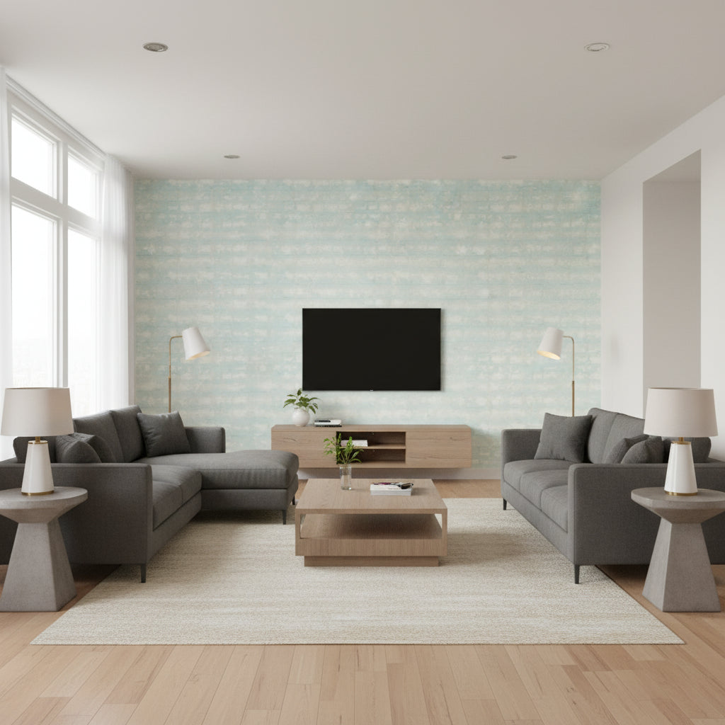 Illusion Robin's Egg | Thibaut Wallcoverings - Living Room Visualization (AI-generated, may not be to scale. Verify pattern scale with product specifications.)