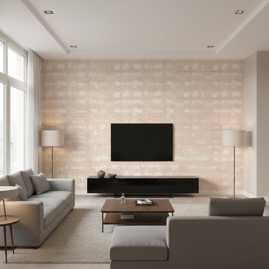 Illusion Blush | Thibaut Wallcoverings - Living Room Visualization (AI-generated, may not be to scale. Verify pattern scale with product specifications.)