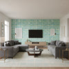Illusion Teal and Green | Thibaut Wallcoverings - Living Room Visualization (AI-generated, may not be to scale. Verify pattern scale with product specifications.)