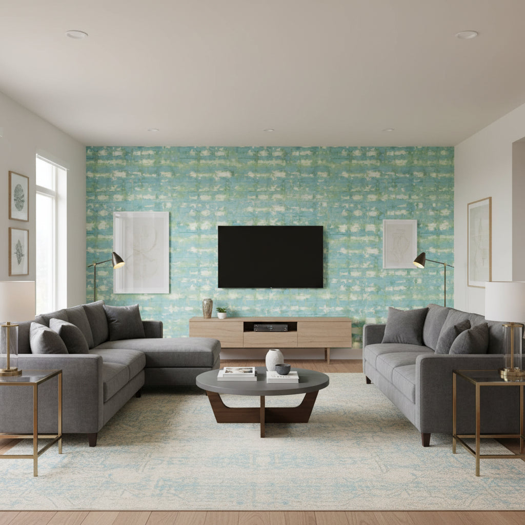 Illusion Teal and Green | Thibaut Wallcoverings - Living Room Visualization (AI-generated, may not be to scale. Verify pattern scale with product specifications.)