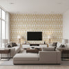 Lola Metallic Gold | Thibaut Wallcoverings - Living Room Visualization (AI-generated, may not be to scale. Verify pattern scale with product specifications.)