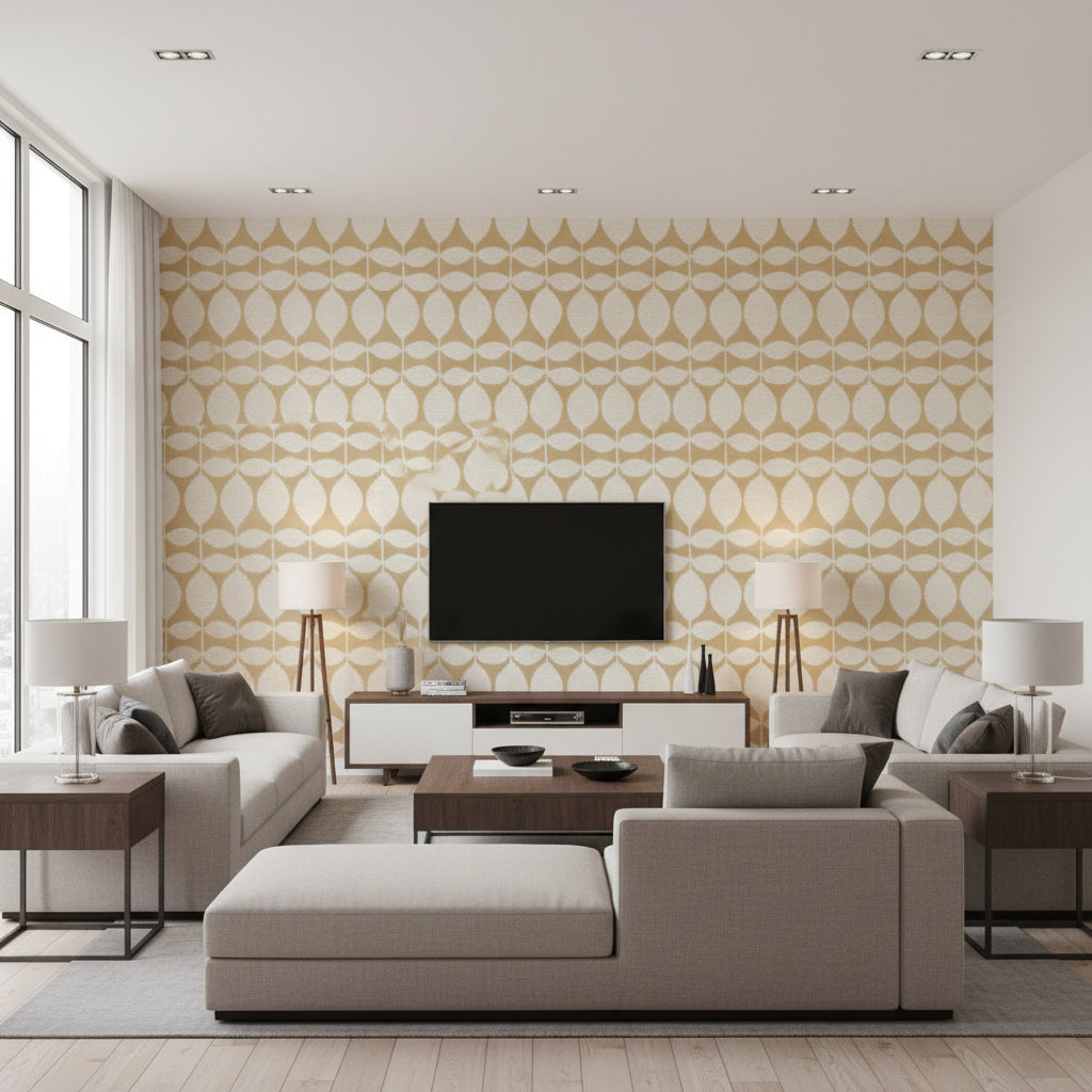 Lola Metallic Gold | Thibaut Wallcoverings - Living Room Visualization (AI-generated, may not be to scale. Verify pattern scale with product specifications.)