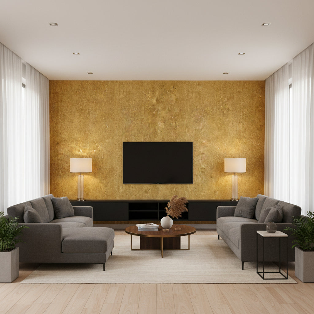 Cork Metallic Gold | Thibaut Wallcoverings - Living Room Visualization (AI-generated, may not be to scale. Verify pattern scale with product specifications.)