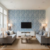 Chamomile Blue and White | Thibaut Wallcoverings - Living Room Visualization (AI-generated, may not be to scale. Verify pattern scale with product specifications.)
