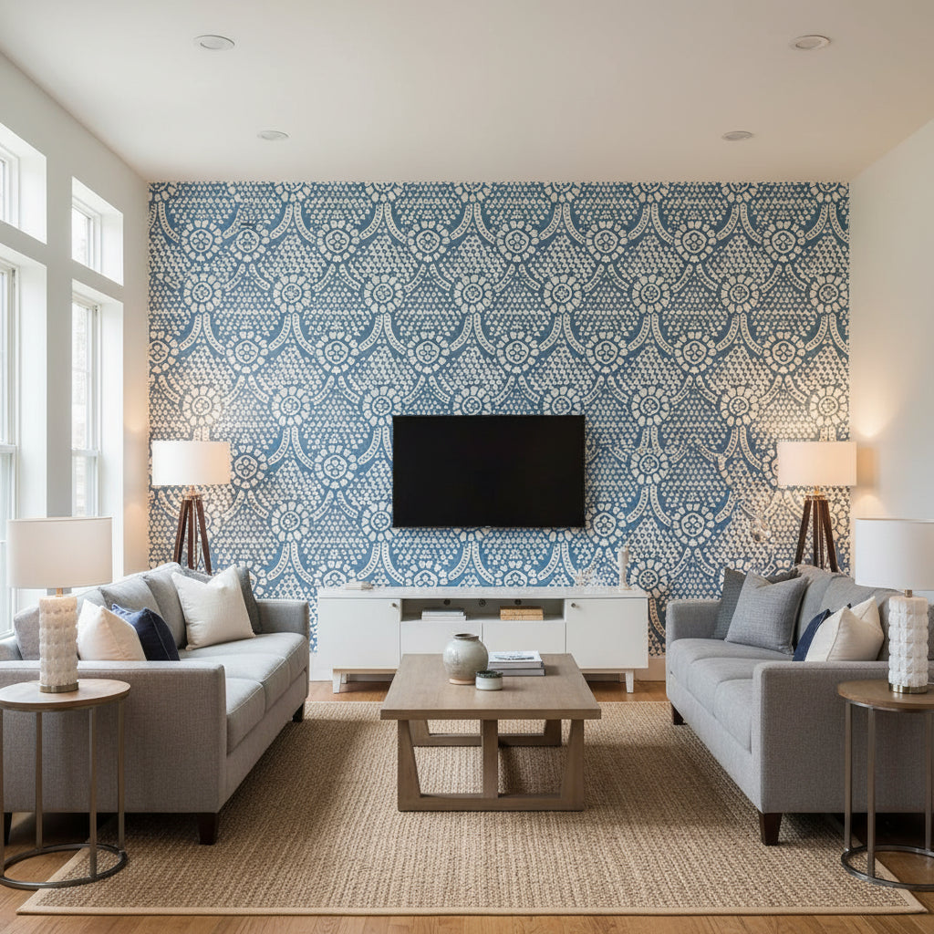 Chamomile Blue and White | Thibaut Wallcoverings - Living Room Visualization (AI-generated, may not be to scale. Verify pattern scale with product specifications.)