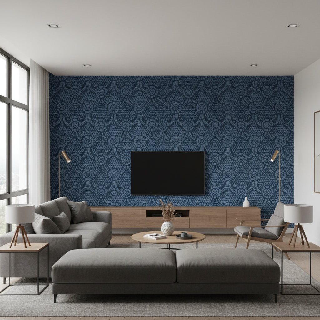 Chamomile Navy | Thibaut Wallcoverings - Living Room Visualization (AI-generated, may not be to scale. Verify pattern scale with product specifications.)