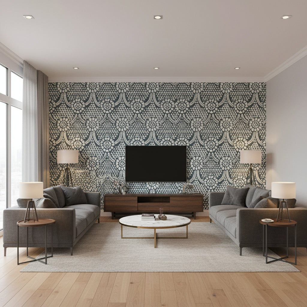 Chamomile Grey | Thibaut Wallcoverings - Living Room Visualization (AI-generated, may not be to scale. Verify pattern scale with product specifications.)