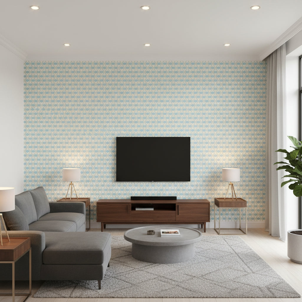 Denver Spa Blue and Green | Thibaut Wallcoverings - Living Room Visualization (AI-generated, may not be to scale. Verify pattern scale with product specifications.)