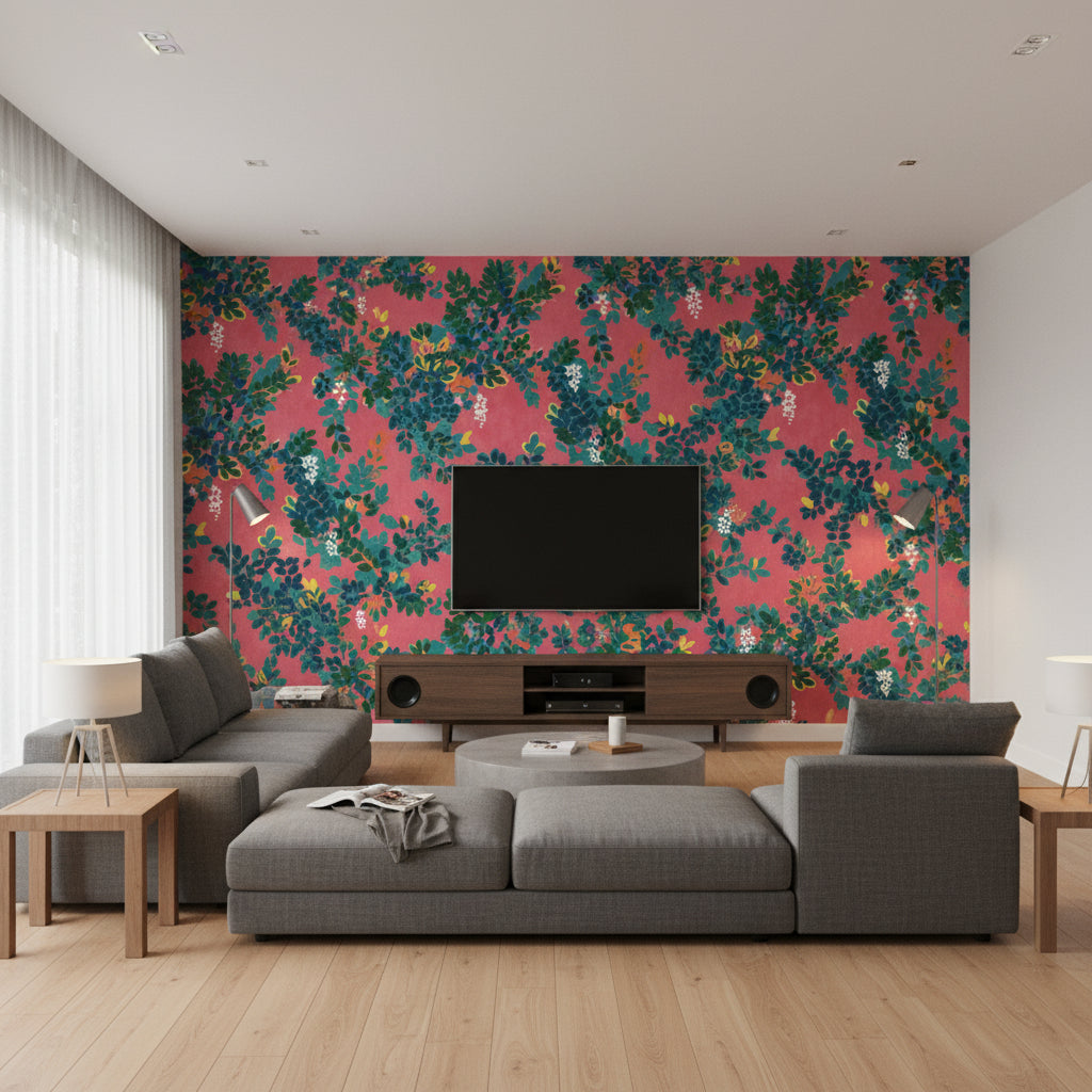 Central Park Pink | Thibaut Wallcoverings - Living Room Visualization (AI-generated, may not be to scale. Verify pattern scale with product specifications.)