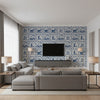 Dooley Navy | Thibaut Wallcoverings - Living Room Visualization (AI-generated, may not be to scale. Verify pattern scale with product specifications.)