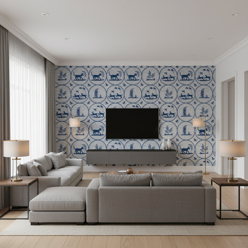 Dooley Navy | Thibaut Wallcoverings - Living Room Visualization (AI-generated, may not be to scale. Verify pattern scale with product specifications.)
