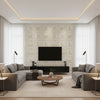 Dooley Beige | Thibaut Wallcoverings - Living Room Visualization (AI-generated, may not be to scale. Verify pattern scale with product specifications.)
