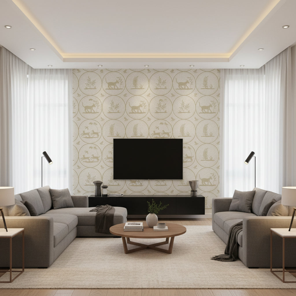 Dooley Beige | Thibaut Wallcoverings - Living Room Visualization (AI-generated, may not be to scale. Verify pattern scale with product specifications.)