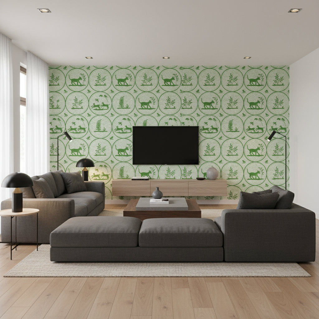 Dooley Green | Thibaut Wallcoverings - Living Room Visualization (AI-generated, may not be to scale. Verify pattern scale with product specifications.)