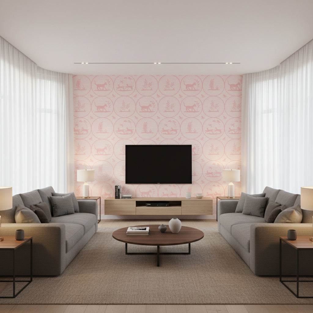 Dooley Pink | Thibaut Wallcoverings - Living Room Visualization (AI-generated, may not be to scale. Verify pattern scale with product specifications.)