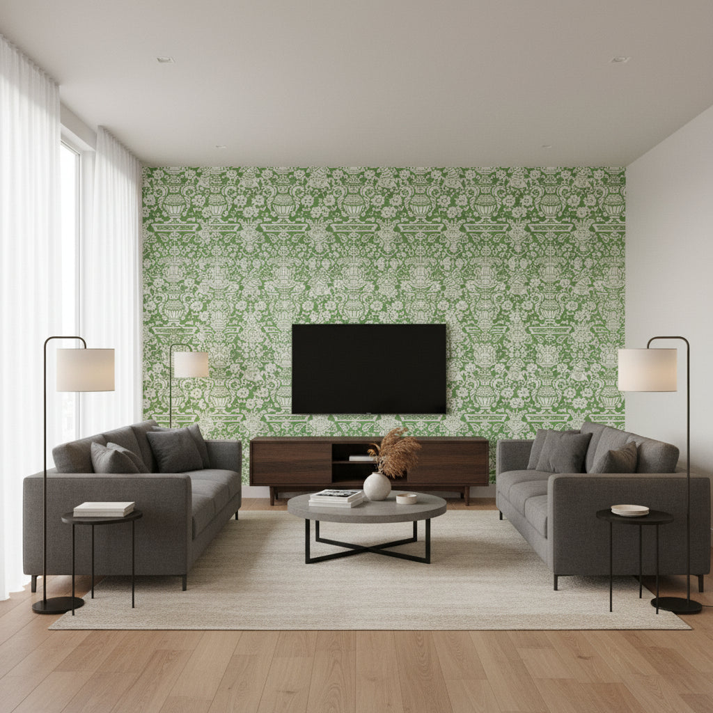 Galway Green | Thibaut Wallcoverings - Living Room Visualization (AI-generated, may not be to scale. Verify pattern scale with product specifications.)
